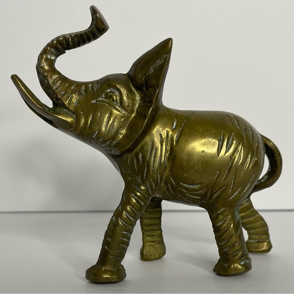 Vintage Solid Brass Elephant With Aged Patina Trunk Up
Approximately 5”